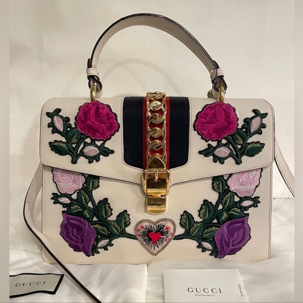 GUCCI Sylvie Embroidered Leather Medium Top Handle Bag White 431665